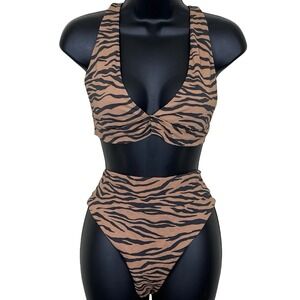 Aerie Tiger Print Bikini Set Brown Black High Cut Cheeky Bottom Large Top Med